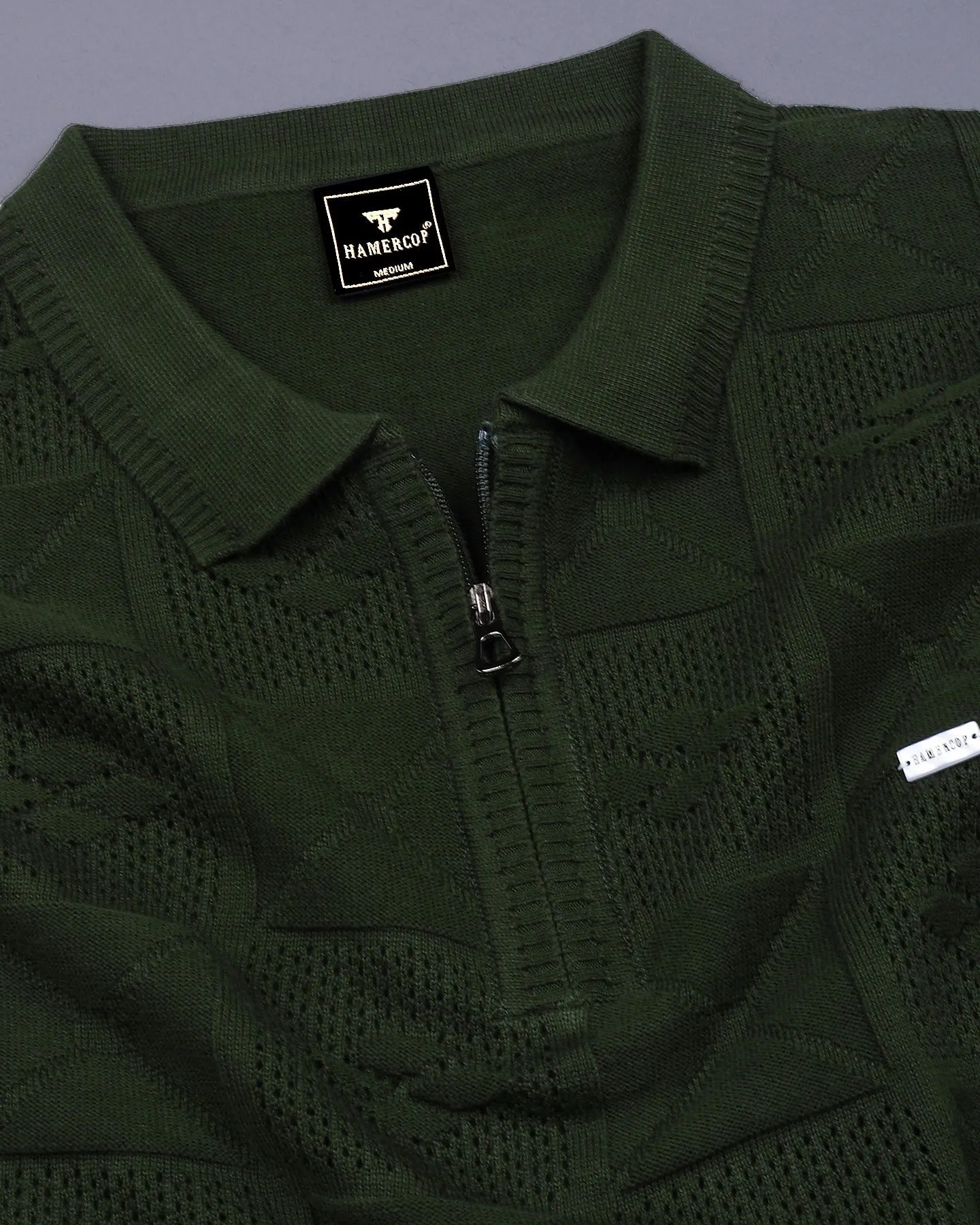 Bosstone Forest Green Knitted Cotton Zipper Polo T-Shirt