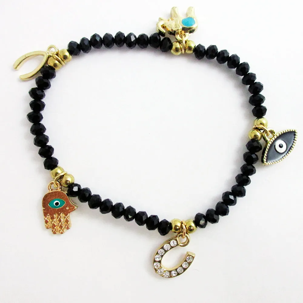 Evil Eye Bracelet Stretch Beaded Black Crystal Hamsa Fatima Lucky Charm Kabbalah