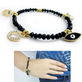 Evil Eye Bracelet Stretch Beaded Black Crystal Hamsa Fatima Lucky Charm Kabbalah