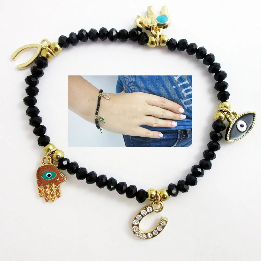 Evil Eye Bracelet Stretch Beaded Black Crystal Hamsa Fatima Lucky Charm Kabbalah