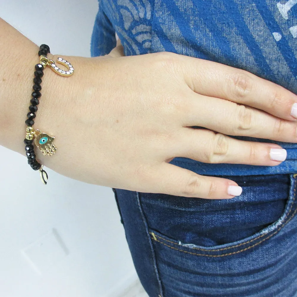 Evil Eye Bracelet Stretch Beaded Black Crystal Hamsa Fatima Lucky Charm Kabbalah