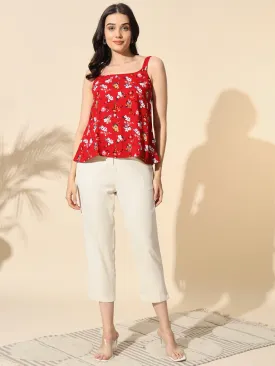 Red Printed Viscose Strap Top- #TP002-Red