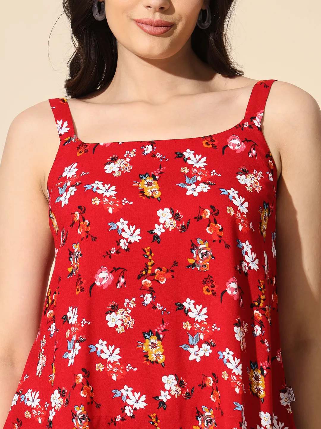 Red Printed Viscose Strap Top- #TP002-Red