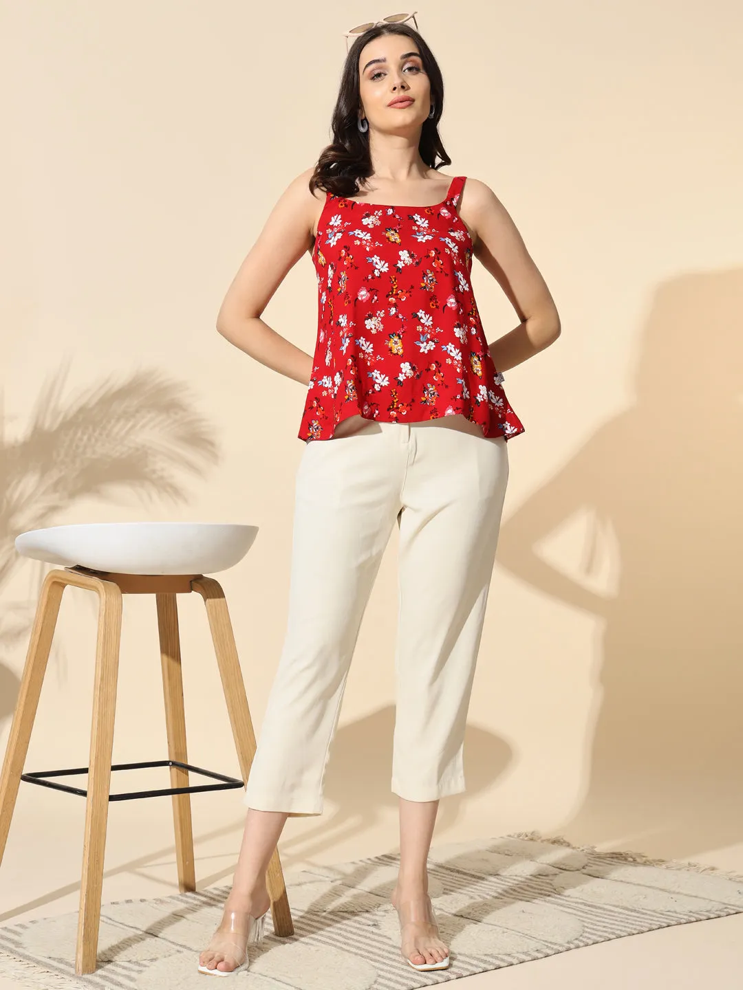 Red Printed Viscose Strap Top- #TP002-Red