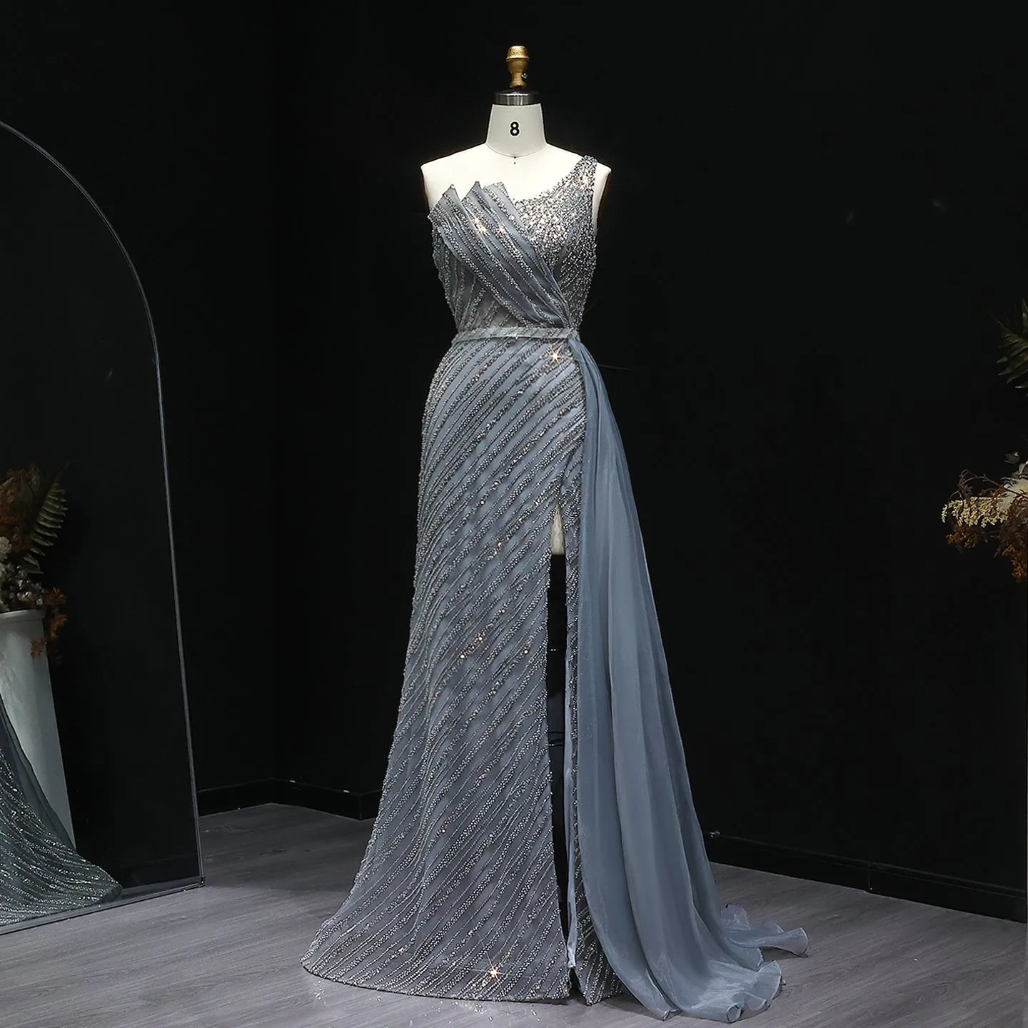 Stunning Blue One Shoulder Evening Dress with Side Slit Overskirt SS056