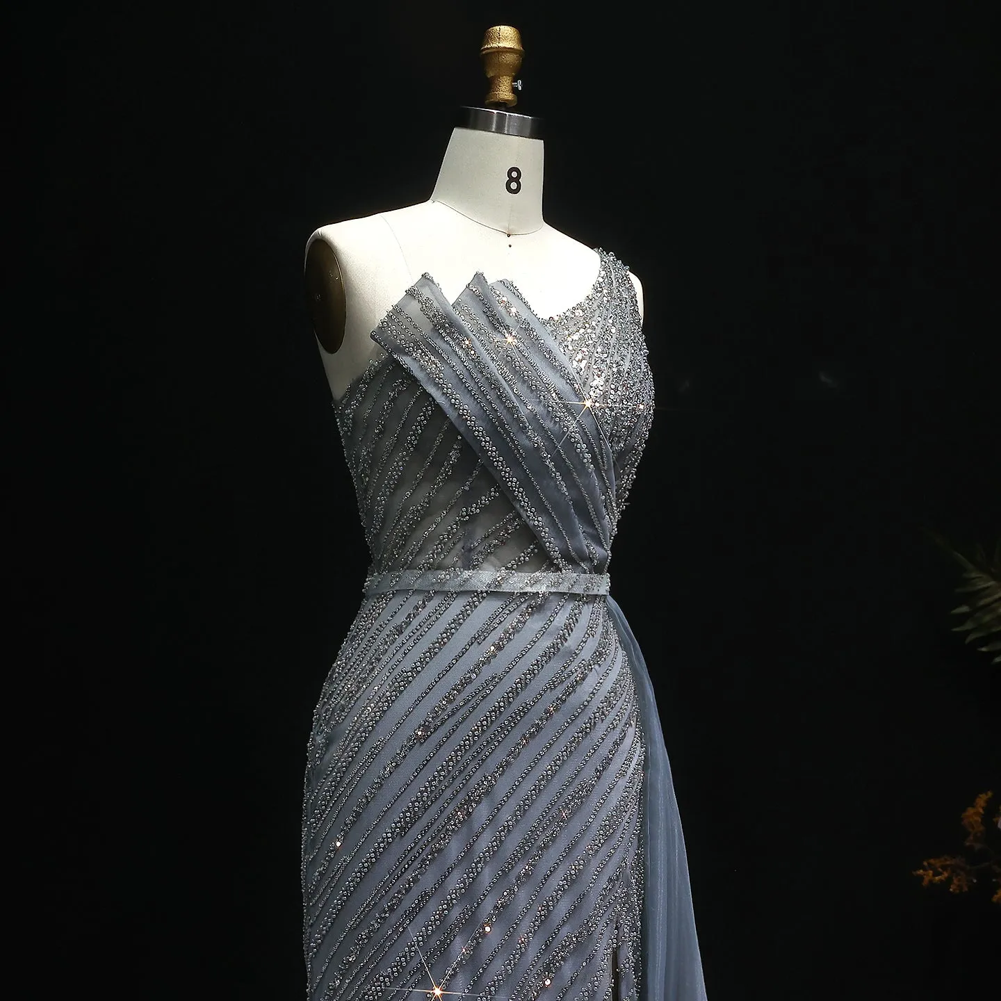 Stunning Blue One Shoulder Evening Dress with Side Slit Overskirt SS056