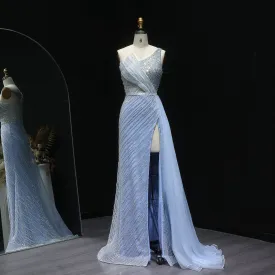 Stunning Blue One Shoulder Evening Dress with Side Slit Overskirt SS056