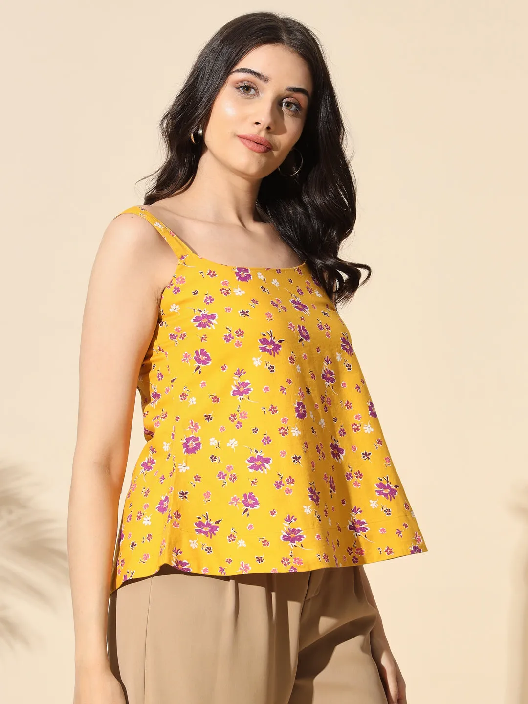 Yellow Printed Viscose Twill Strap Top- #TP002-Yellow